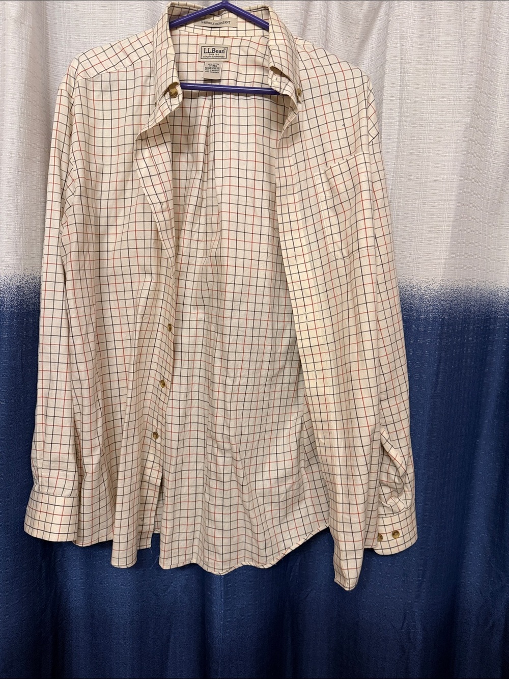 L.L. Bean Men's Cream Plaid Button-Down Shirt with Red and Blue Grid